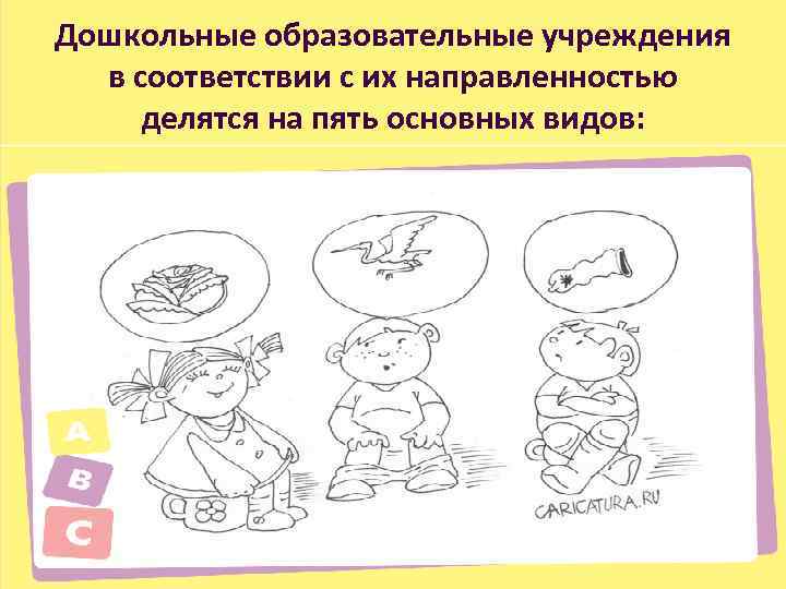 Дошкольные образовательные учреждения в соответствии с их направленностью делятся на пять основных видов: 