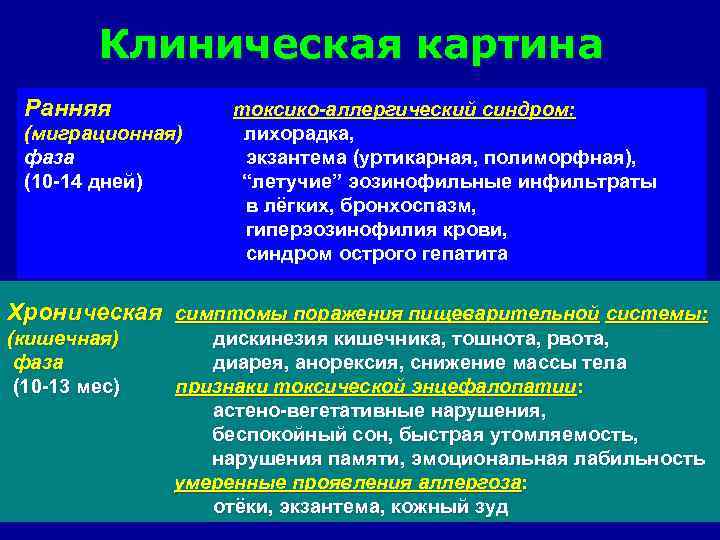 Клиническая картина Ранняя (миграционная) фаза (10 -14 дней) токсико-аллергический синдром: лихорадка, экзантема (уртикарная, полиморфная),