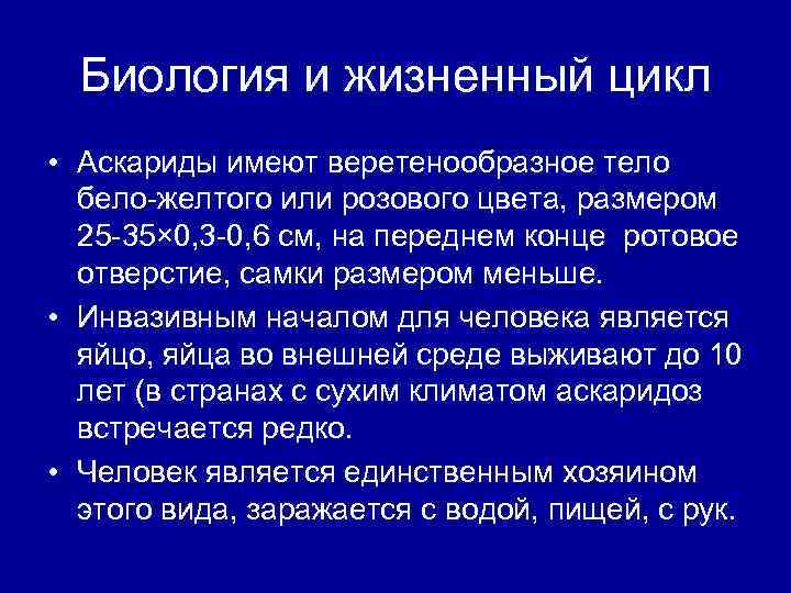 Биология и жизненный цикл • Аскариды имеют веретенообразное тело бело-желтого или розового цвета, размером