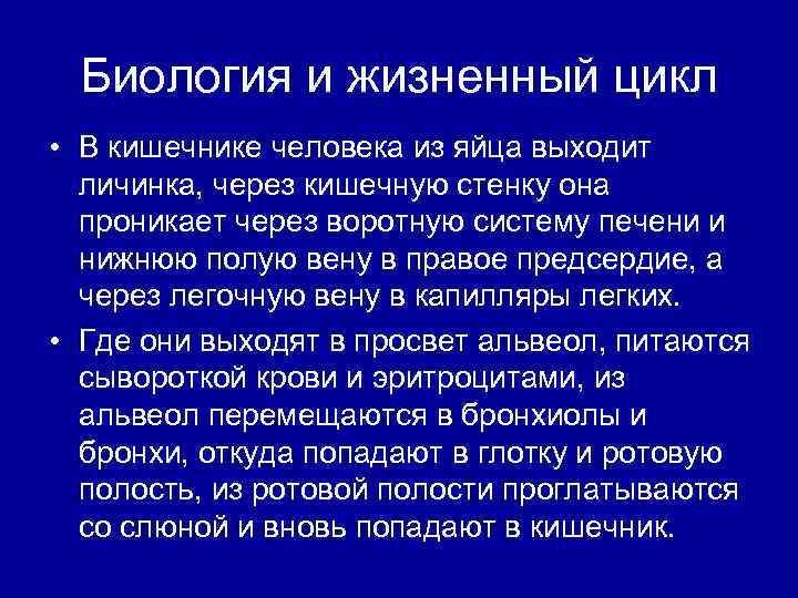 Биология и жизненный цикл • В кишечнике человека из яйца выходит личинка, через кишечную