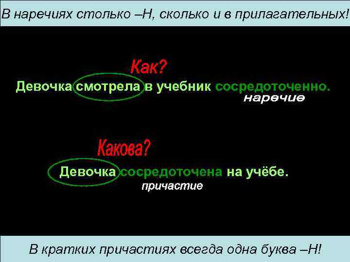 В наречиях столько –Н, сколько и в прилагательных! Девочка смотрела в учебник сосредоточенно. Девочка