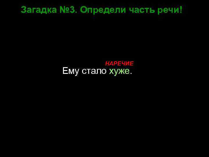 Загадка № 3. Определи часть речи! НАРЕЧИЕ Ему стало хуже. 