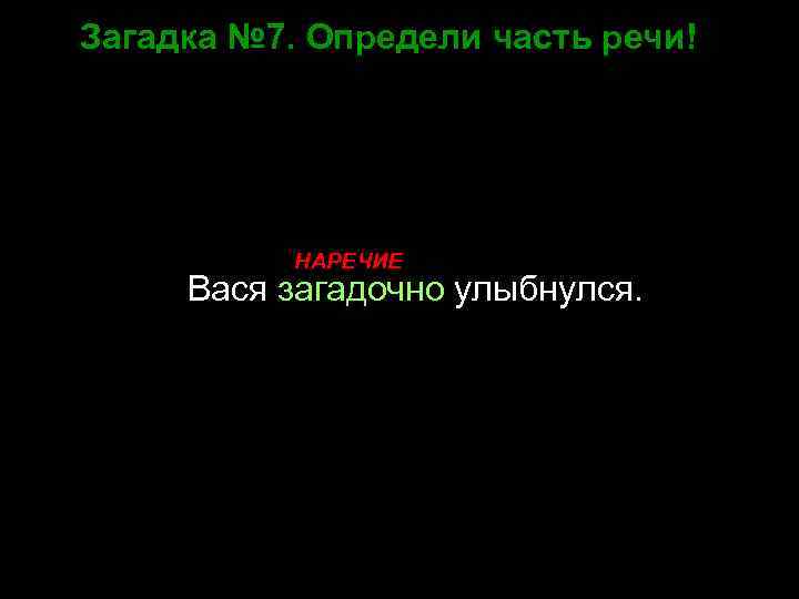 Загадка № 7. Определи часть речи! НАРЕЧИЕ Вася загадочно улыбнулся. 