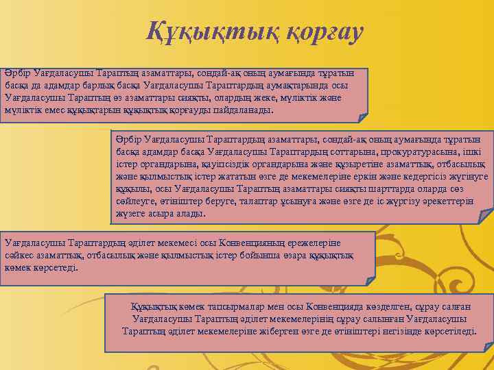 Құқықтық қорғау Әрбiр Уағдаласушы Тараптың азаматтары, сондай-ақ оның аумағында тұратын басқа да адамдар барлық