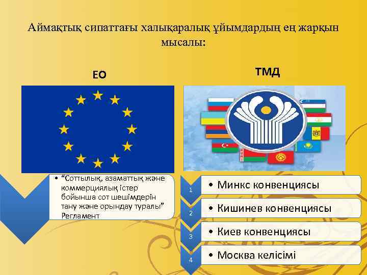 Аймақтық сипаттағы халықаралық ұйымдардың ең жарқын мысалы: ТМД ЕО • “Соттылық, азаматтық және коммерциялық