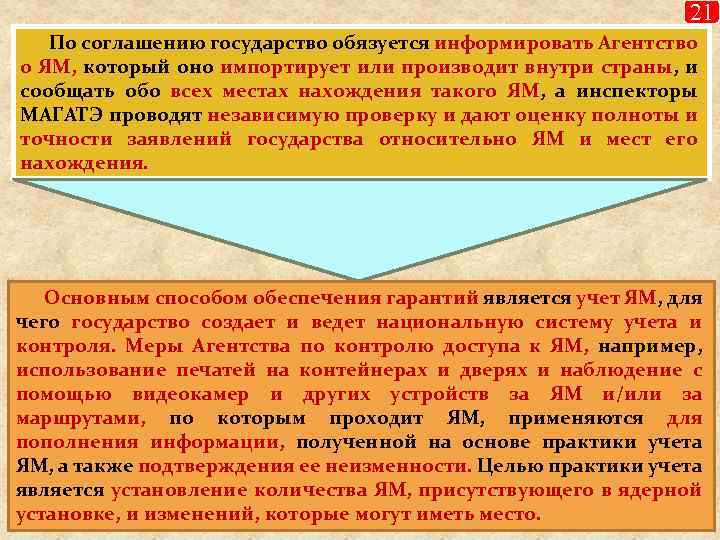 21 По соглашению государство обязуется информировать Агентство о ЯМ, который оно импортирует или производит