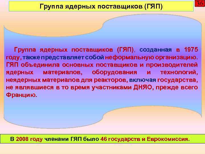 Группа ядерных поставщиков (ГЯП) 36 Группа ядерных поставщиков (ГЯП), созданная в 1975 году, также