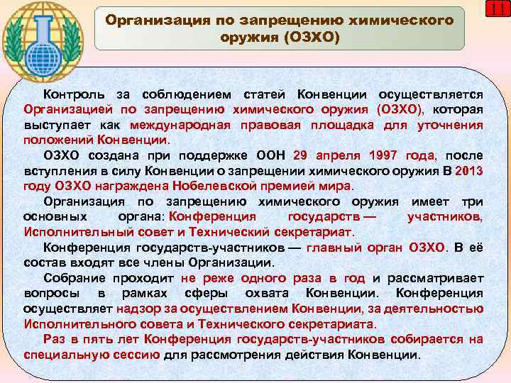 Организация по запрещению химического оружия (ОЗХО) Контроль за соблюдением статей Конвенции осуществляется Организацией по