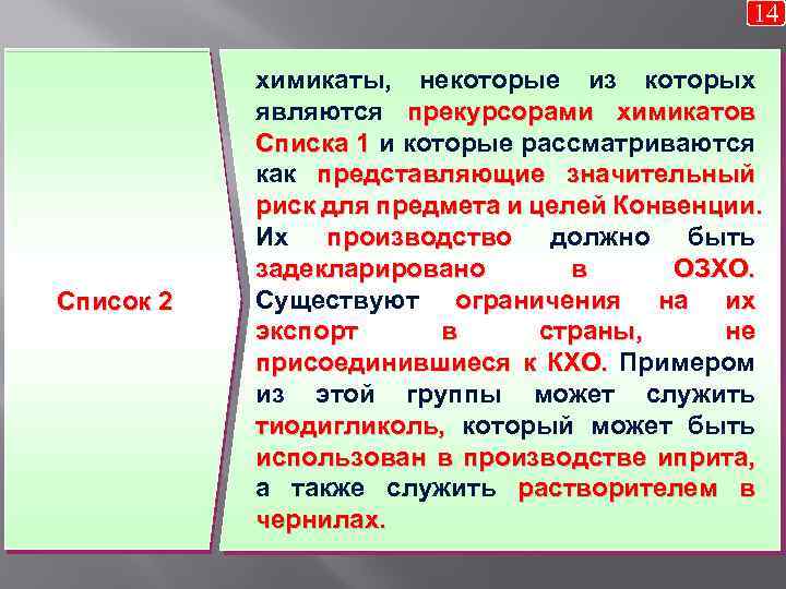 14 Список 2 химикаты, некоторые из которых являются прекурсорами химикатов Списка 1 и которые