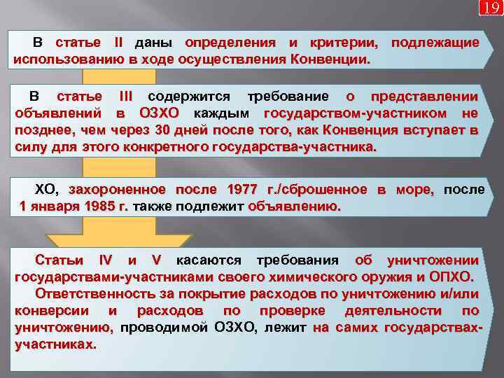 19 В статье II даны определения и критерии, подлежащие использованию в ходе осуществления Конвенции.