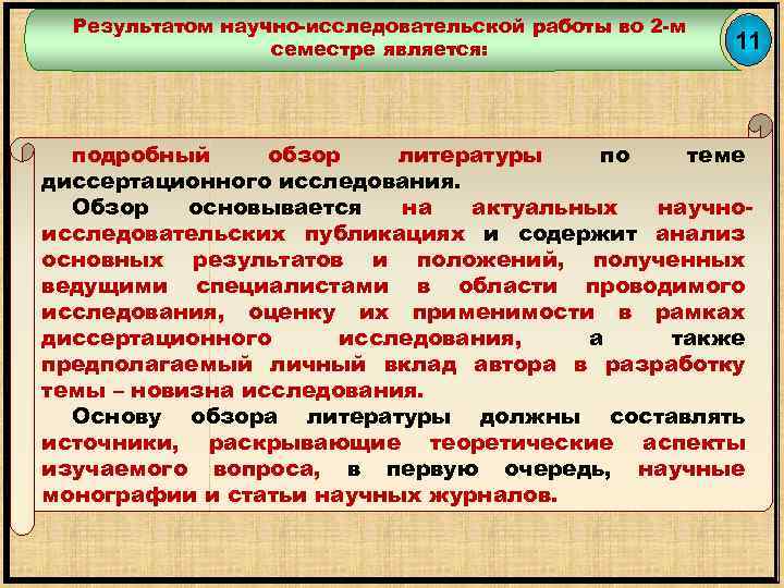 Результатом научно-исследовательской работы во 2 -м семестре является: 11 подробный обзор литературы по теме