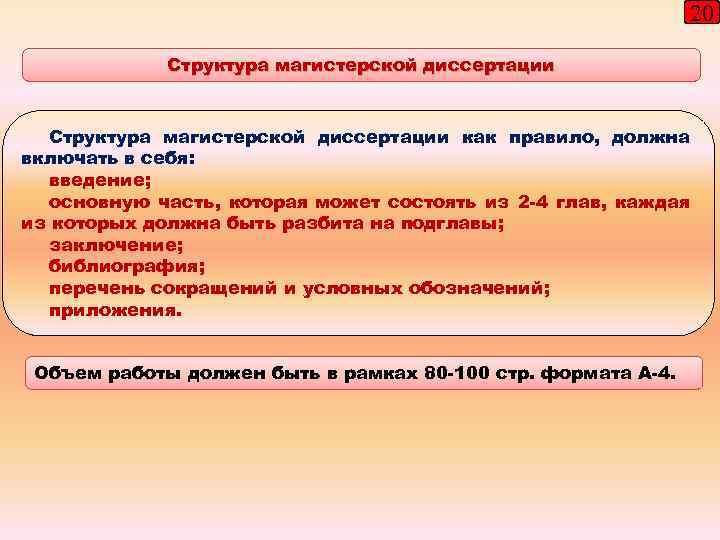 20 Структура магистерской диссертации как правило, должна включать в себя: введение; основную часть, которая