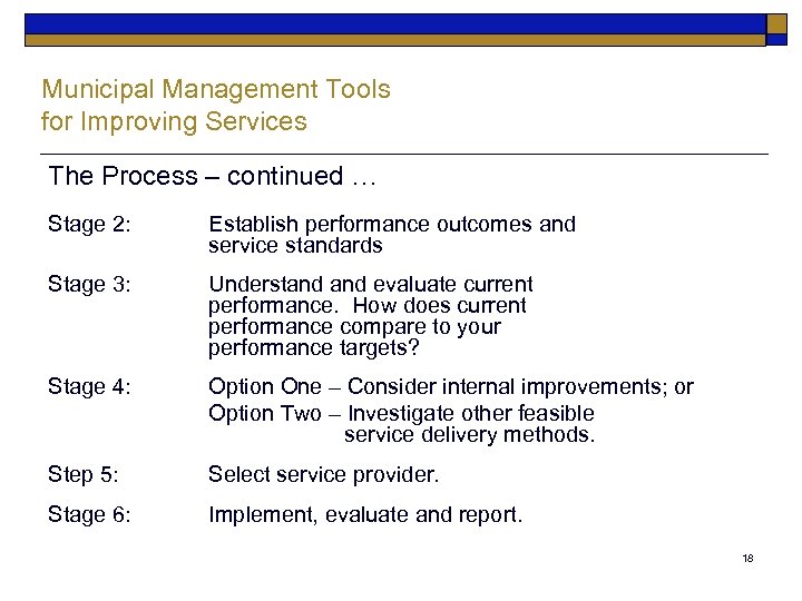 Municipal Management Tools for Improving Services The Process – continued … Stage 2: Establish