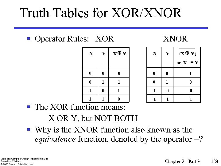 Truth Tables for XOR/XNOR § Operator Rules: XOR XNOR X Y XÅ Y X