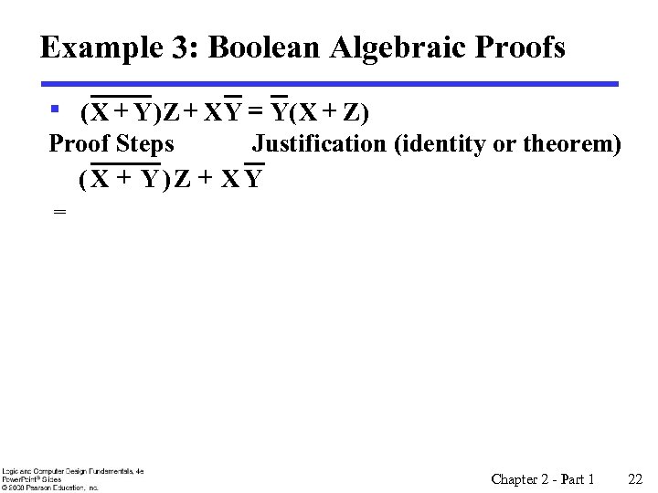 Example 3: Boolean Algebraic Proofs § ( X + Y ) Z + X