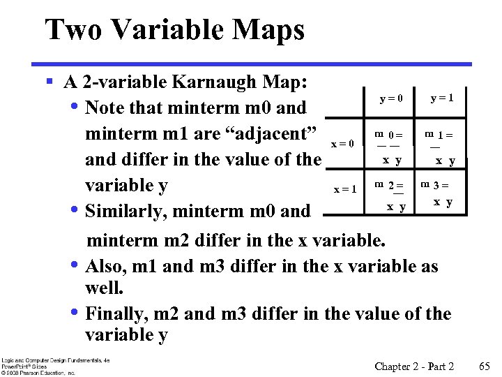 Two Variable Maps § A 2 -variable Karnaugh Map: y=1 y=0 • Note that