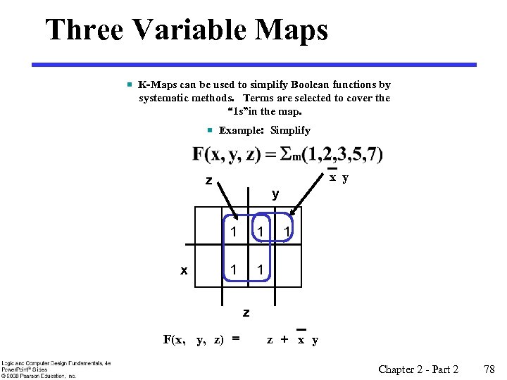 Three Variable Maps § K-Maps can be used to simplify Boolean functions by systematic