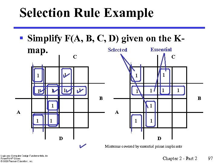 Selection Rule Example § Simplify F(A, B, C, D) given on the KEssential Selected