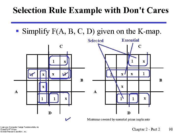 Selection Rule Example with Don't Cares § Simplify F(A, B, C, D) given on