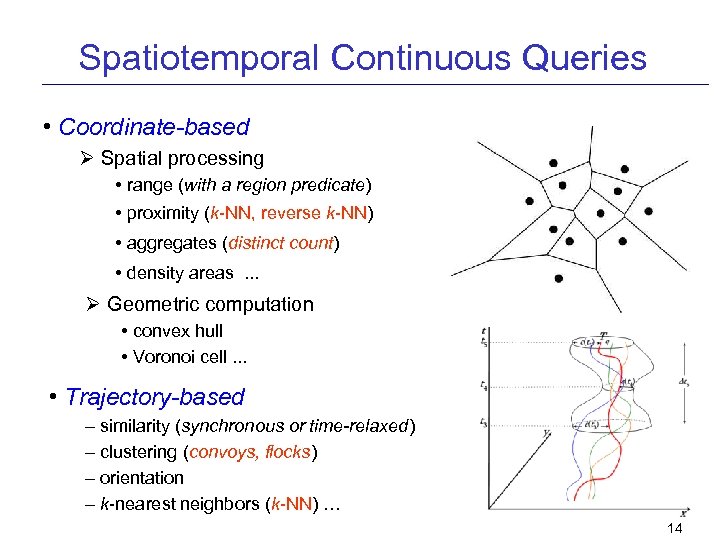 Spatiotemporal Continuous Queries • Coordinate-based Spatial processing • range (with a region predicate) •