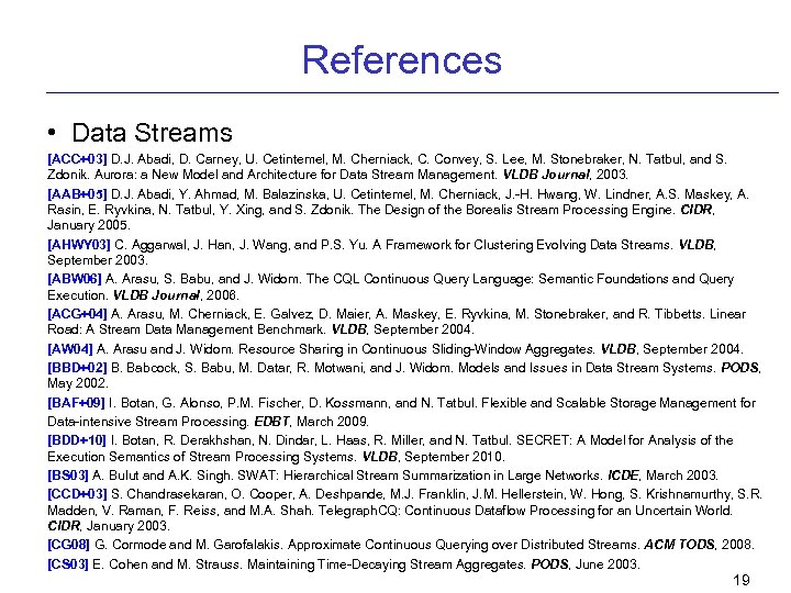 References • Data Streams [ACC+03] D. J. Abadi, D. Carney, U. Cetintemel, M. Cherniack,