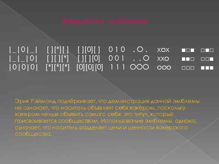 Варианты эмблемы |_|0|_| [ ][*][ ] [ ][0][ ] 0 1 0. O. |_|_|0|