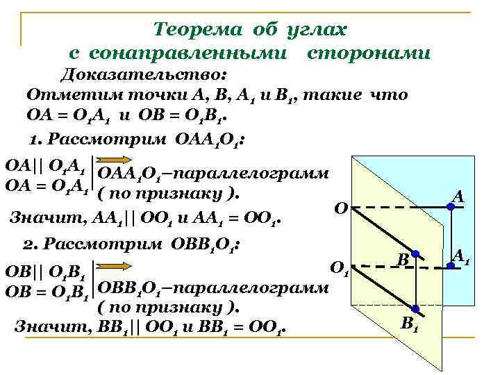 Теорема об углах с сонаправленными сторонами Доказательство: Отметим точки А, В, А 1 и