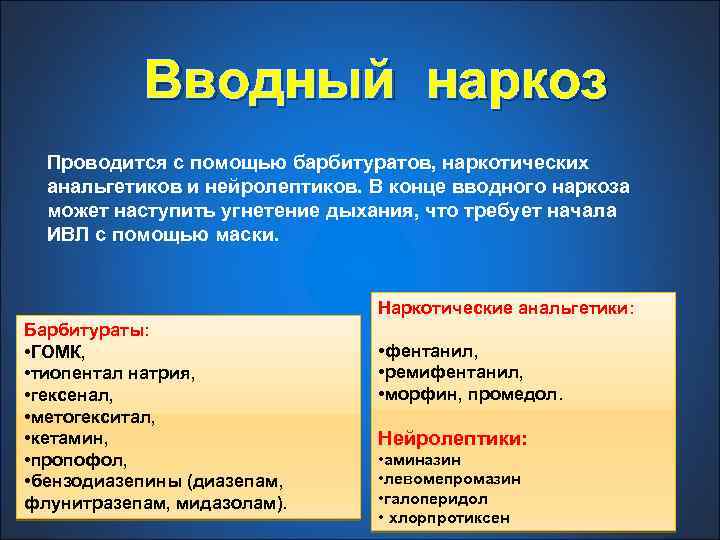 Вводный наркоз Проводится с помощью барбитуратов, наркотических анальгетиков и нейролептиков. В конце вводного наркоза