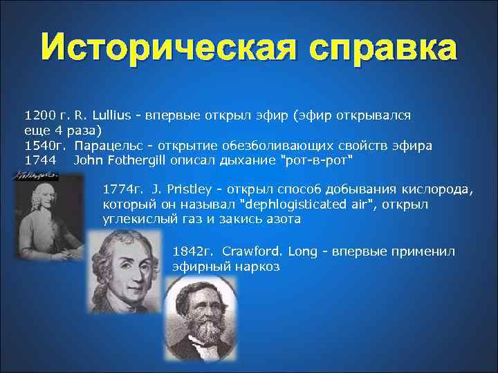 Историческая справка 1200 г. R. Lullius - впервые открыл эфир (эфир открывался еще 4