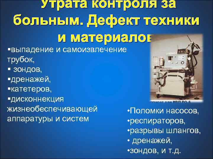  Утрата контроля за больным. Дефект техники и материалов §выпадение и самоизвлечение трубок, §