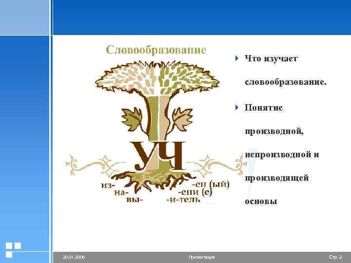 4 Что изучает словообразование. 4 Понятие производной, непроизводной и производящей основы 20. 01. 2006