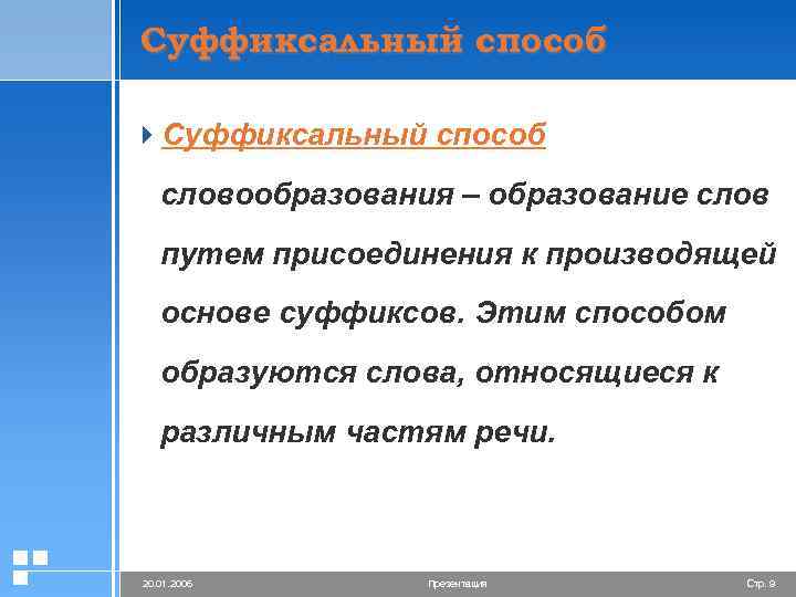 Суффиксальный способ 4 Суффиксальный способ словообразования – образование слов путем присоединения к производящей основе