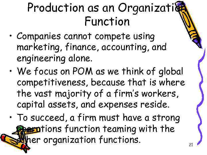 Production as an Organization Function • Companies cannot compete using marketing, finance, accounting, and