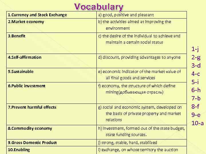 1. Currency and Stock Exchange Vocabulary a) good, positive and pleasant 2. Market economy