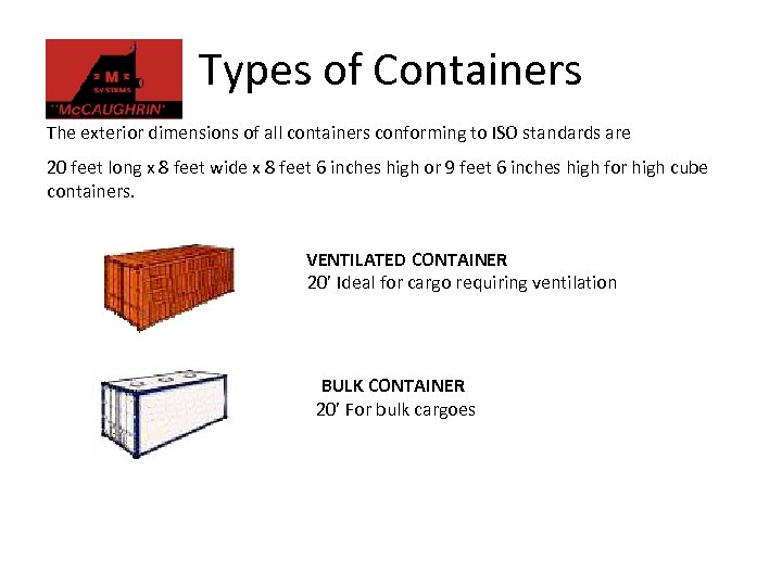 Types of Containers The exterior dimensions of all containers conforming to ISO standards are