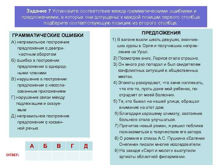  Задание 7 Установите соответствие между грамматическими ошибками и предложениями, в которых они допущены: