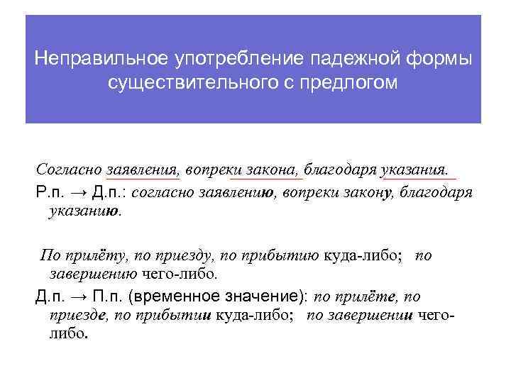 Неправильное употребление падежной формы существительного с предлогом Согласно заявления, вопреки закона, благодаря указания. Р.