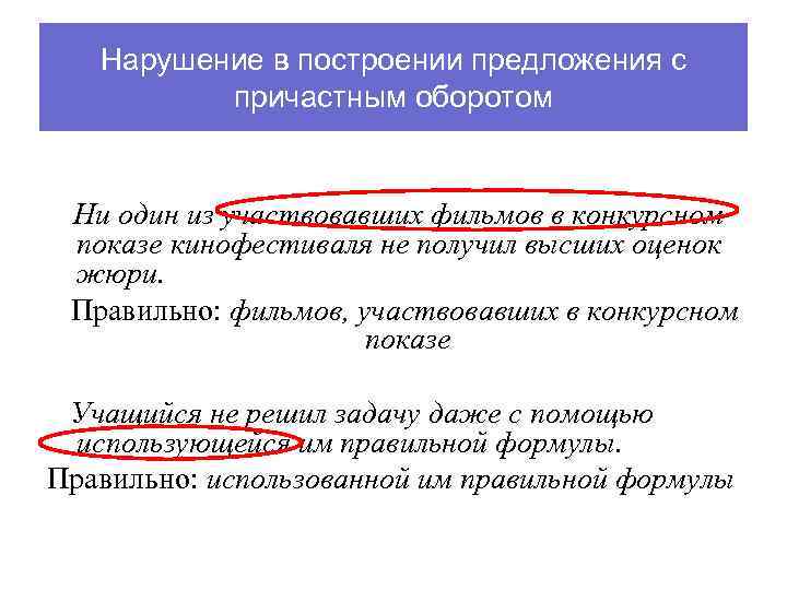 Нарушение в построении предложения с причастным оборотом Ни один из участвовавших фильмов в конкурсном