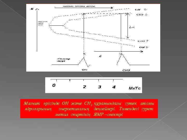 Магнит өрісінде ОН және СН 3 құрамындағы сутек атомы ядроларының энергетикалық деңгейлері. Төмендегі сурет