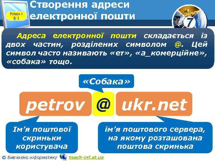 Розділ 1 § 1 Створення адреси електронної пошти www. teach-inf. at. ua 7 Адреса