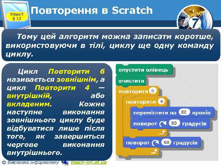 Розділ 3 § 12 Повторення в Scratch 7 Тому цей алгоритм можна записати коротше,