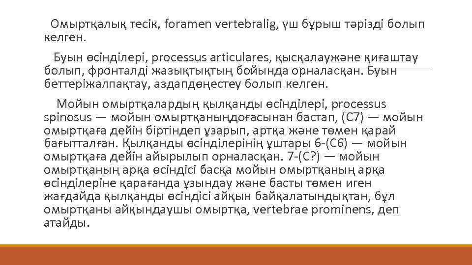  Омыртқалық тесік, foramen vertebralig, үш бұрыш тәрізді болып келген. Буын өсінділері, processus articulares,