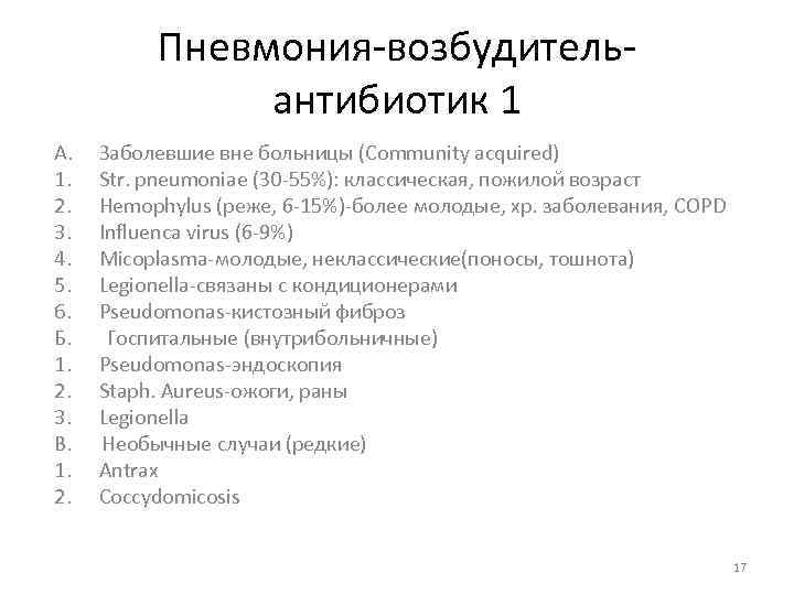 Пневмония-возбудительантибиотик 1 A. 1. 2. 3. 4. 5. 6. Б. 1. 2. 3. В.