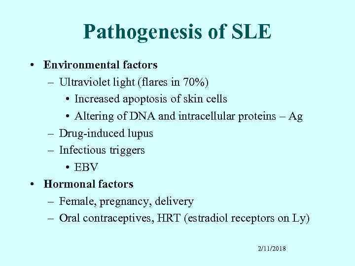 Pathogenesis of SLE • Environmental factors – Ultraviolet light (flares in 70%) • Increased