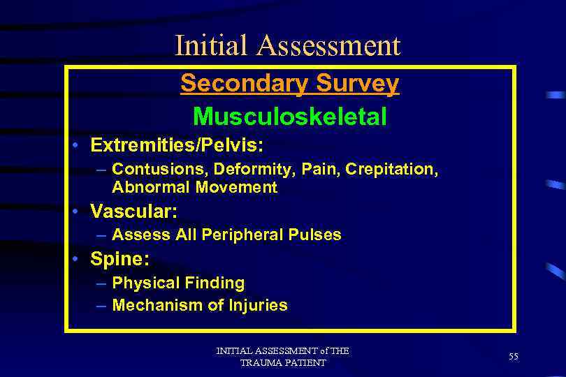 Initial Assessment Secondary Survey Musculoskeletal • Extremities/Pelvis: – Contusions, Deformity, Pain, Crepitation, Abnormal Movement