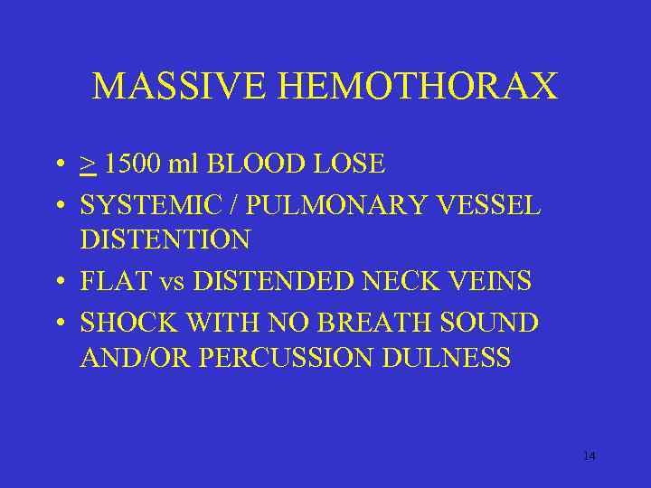 MASSIVE HEMOTHORAX • > 1500 ml BLOOD LOSE • SYSTEMIC / PULMONARY VESSEL DISTENTION