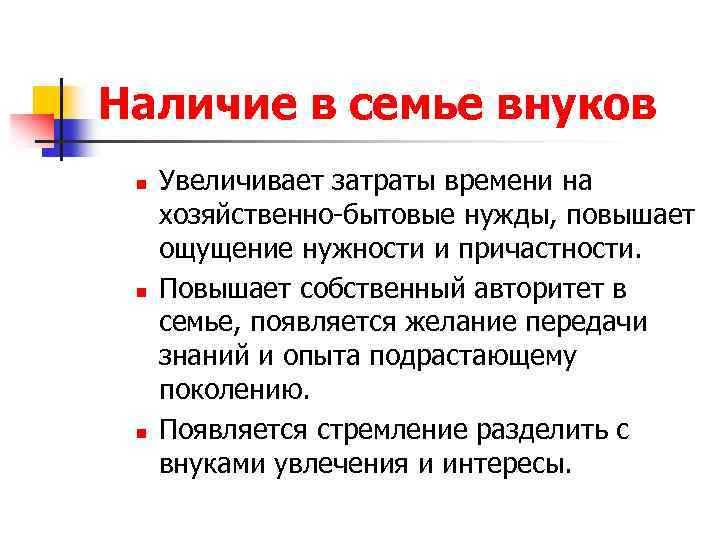 Наличие в семье внуков n n n Увеличивает затраты времени на хозяйственно-бытовые нужды, повышает