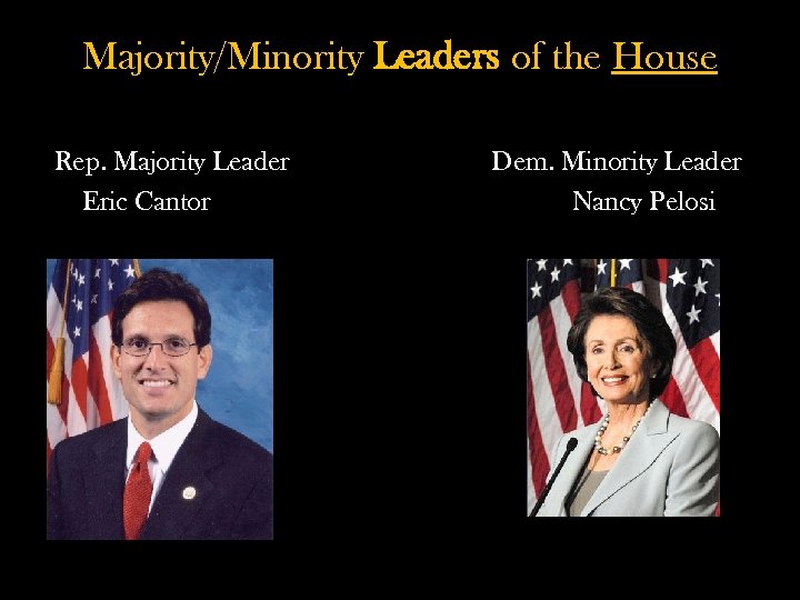 Majority/Minority Leaders of the House Rep. Majority Leader Eric Cantor Dem. Minority Leader Nancy