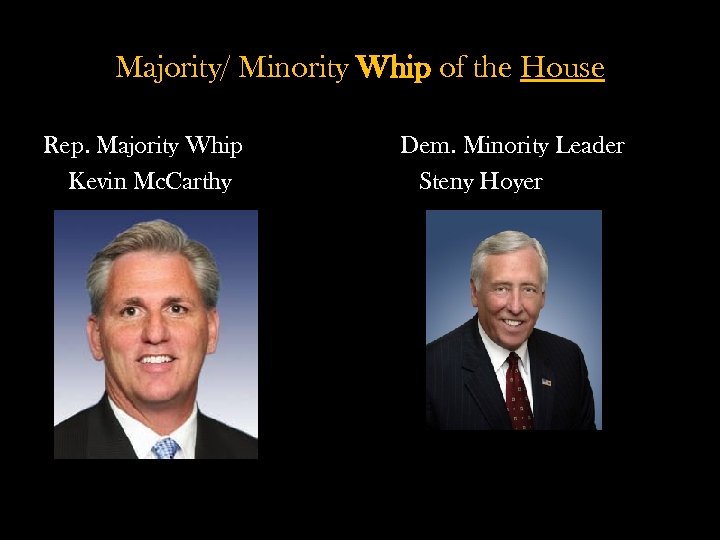 Majority/ Minority Whip of the House Rep. Majority Whip Kevin Mc. Carthy Dem. Minority