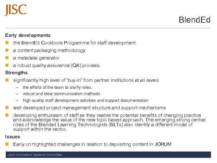 Blend. Ed Early developments n the Blend. Ed Cookbook Programme for staff development n